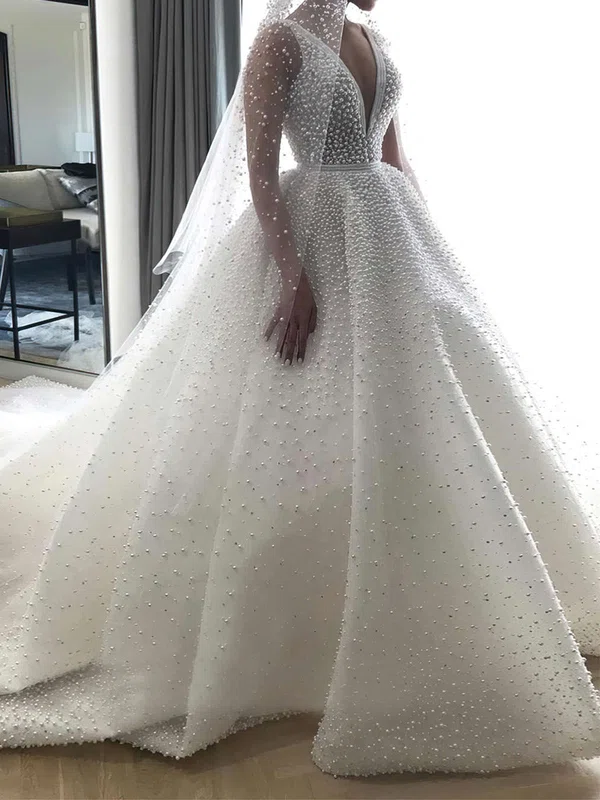 Ball Gown/Princess V-neck Tulle Chapel Train Wedding Dresses With Pearl Detailing #Milly00023841