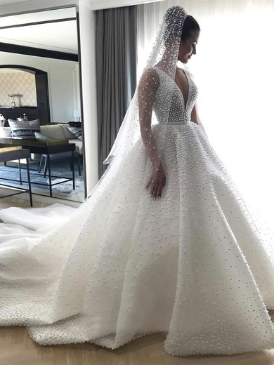 Ball Gown V-neck Tulle Chapel Train Pearl Detailing Wedding Dresses #Milly00023841