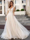 Ball Gown V-neck Tulle Court Train Wedding Dresses With Appliques Lace #Milly00023850