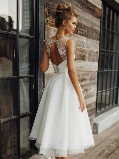 A-line Scoop Neck Tulle Tea-length Wedding Dresses With Appliques Lace #Milly00023851