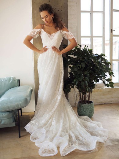 A-line V-neck Lace Sweep Train Wedding Dresses #Milly00023853
