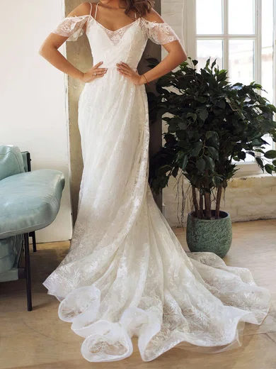 A-line V-neck Lace Sweep Train Wedding Dresses #Milly00023853