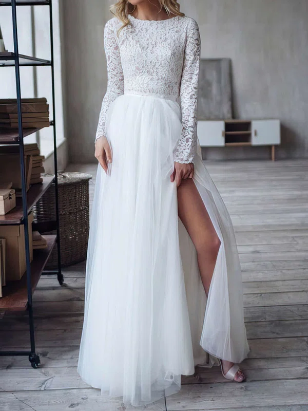 Ball Gown Scoop Neck Tulle Lace Sweep Train Wedding Dresses With Split Front #Milly00023854