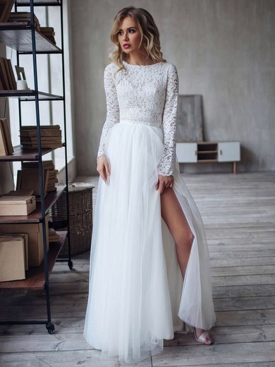Ball Gown Scoop Neck Tulle Lace Sweep Train Wedding Dresses With Split Front #Milly00023854