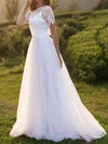 A-line Scoop Neck Tulle Sweep Train Wedding Dresses With Lace #Milly00023855