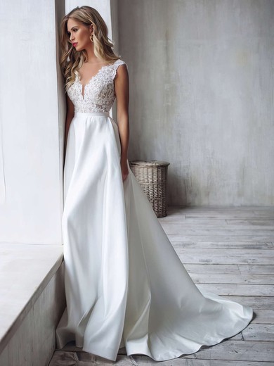 A-line V-neck Satin Sweep Train Wedding Dresses With Appliques Lace #Milly00023856