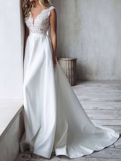 A-line V-neck Satin Sweep Train Wedding Dresses With Appliques Lace #Milly00023856