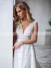 A-line V-neck Satin Sweep Train Appliques Lace Wedding Dresses #Milly00023856
