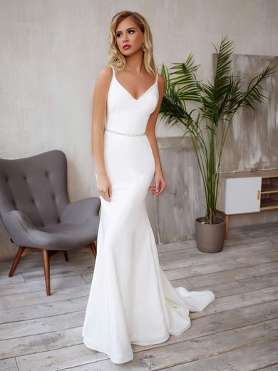 Trumpet/Mermaid V-neck Stretch Crepe Sweep Train Wedding Dresses With Beading #Milly00023857