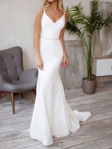 Trumpet/Mermaid V-neck Stretch Crepe Sweep Train Wedding Dresses With Beading #Milly00023857