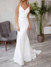 Trumpet/Mermaid V-neck Stretch Crepe Sweep Train Wedding Dresses With Beading #Milly00023857