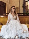 Ball Gown V-neck Tulle Sweep Train Wedding Dresses With Appliques Lace #Milly00023859