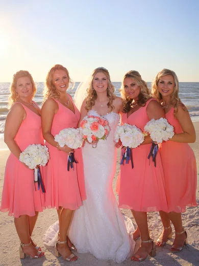 A-line V-neck Chiffon Knee-length Sashes / Ribbons Bridesmaid Dresses #Milly01013761