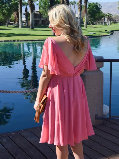 A-line V-neck Chiffon Knee-length Ruffles Bridesmaid Dresses #Milly01013770
