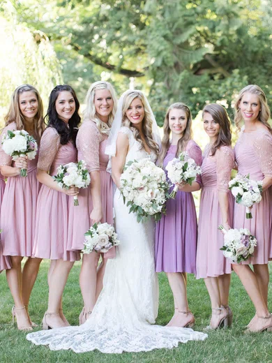 A-line Scoop Neck Chiffon Knee-length Appliques Lace Bridesmaid Dresses #Milly01013776