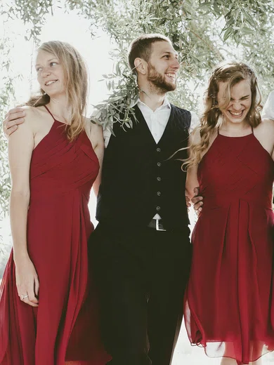 A-line Halter Chiffon Knee-length Ruffles Bridesmaid Dresses #Milly01013782