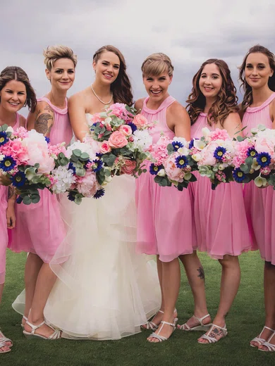 A-line Scoop Neck Chiffon Knee-length Ruffles Bridesmaid Dresses #Milly01013787
