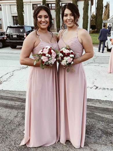 A-line V-neck Chiffon Floor-length Appliques Lace Bridesmaid Dresses #Milly01013797