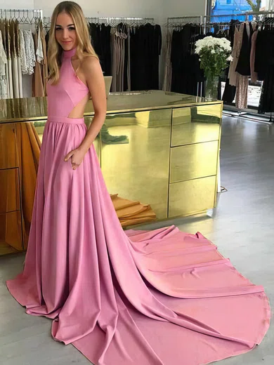 A-line High Neck Stretch Crepe Chapel Train Pockets Prom Dresses #Milly020106466