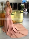 A-line High Neck Stretch Crepe Chapel Train Pockets Prom Dresses #Milly020106466