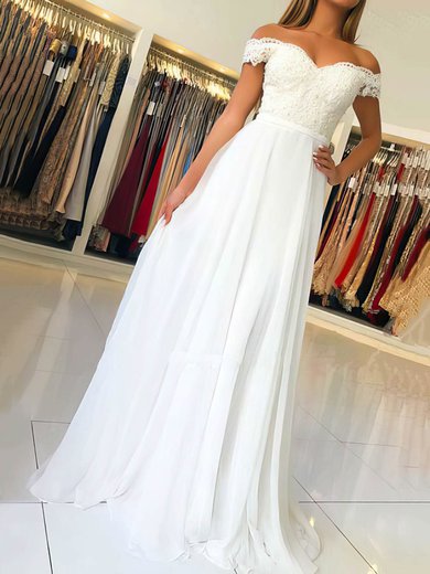 A-line Floor-length Off-the-shoulder Chiffon Beading Prom Dresses #Milly020106467