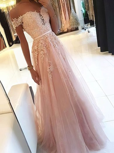 Ball Gown/Princess Floor-length Off-the-shoulder Tulle Appliques Lace Prom Dresses #Milly020106470