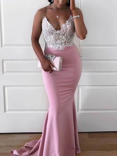 Trumpet/Mermaid V-neck Stretch Crepe Sweep Train Beading Prom Dresses #Milly020106651
