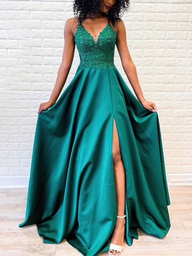 A-line Sweep Train V-neck Satin Beading Prom Dresses #Milly020106654
