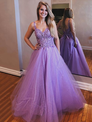 Princess V-neck Tulle Floor-length Beading Prom Dresses #Milly020106658