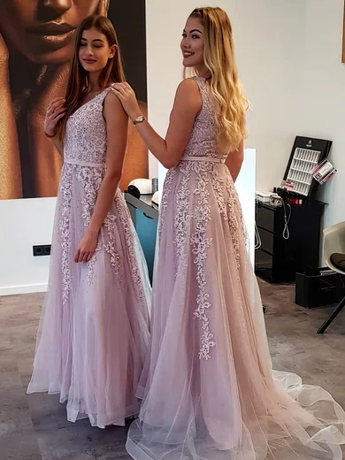 A-line V-neck Tulle Sweep Train Beading Prom Dresses #Milly020106659