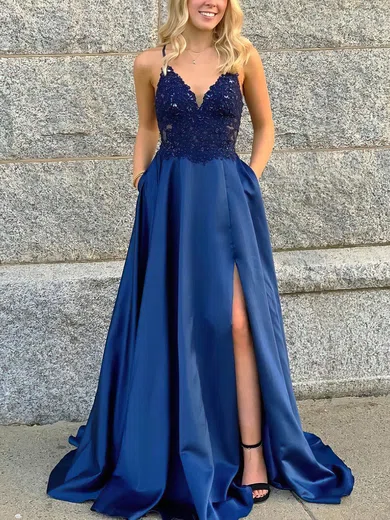 Ball Gown/Princess Sweep Train V-neck Satin Beading Prom Dresses #Milly020106681