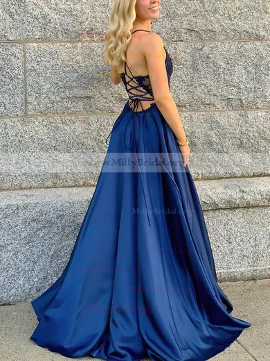 V-neck Royal Blue Satin Beading Prom Dresses With Sweep Train