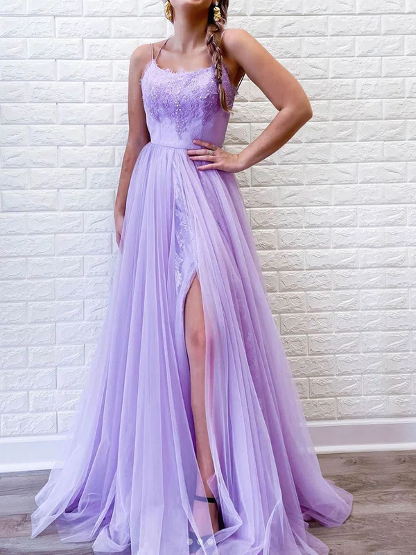 A-line Sweep Train Scoop Neck Tulle Beading Prom Dresses #Milly020106682