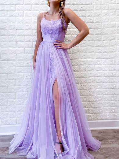 A-line Sweep Train Scoop Neck Tulle Beading Prom Dresses #Milly020106682