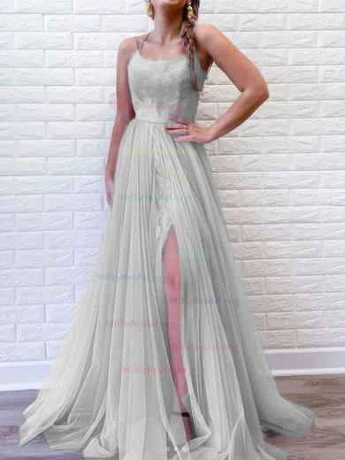 Silver Scoop A Line Beading Tulle Prom Dress Silver Scoop A Line Beading Tulle Prom Dress