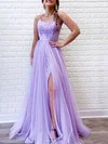 A-line Sweep Train Scoop Neck Tulle Beading Prom Dresses #Milly020106682