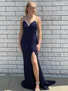 Trumpet/Mermaid V-neck Sequined Sweep Train Split Front Prom Dresses #Milly020106695