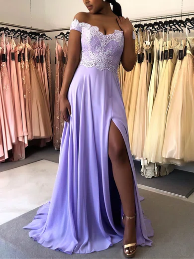 A-line Off-the-shoulder Chiffon Sweep Train Appliques Lace Prom Dresses #Milly020106711