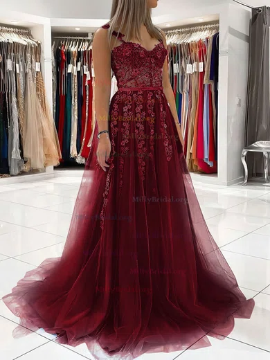 Burgundy Sweetheart Tulle Lace Long Backless Appliques Prom Dress