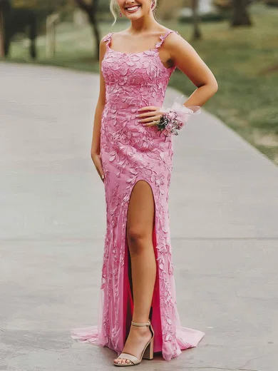 Sheath/Column Square Neckline Tulle Sweep Train Appliques Lace Prom Dresses #Milly020106726