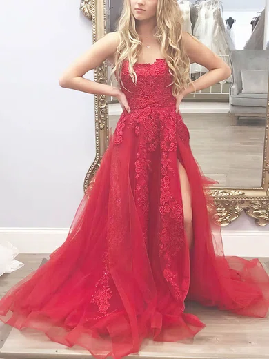 A-line Square Neckline Tulle Sweep Train Appliques Lace Prom Dresses #Milly020106727
