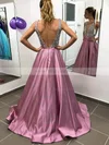 A-line V-neck Satin Sweep Train Beading Prom Dresses #Milly020106744