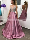A-line V-neck Satin Sweep Train Beading Prom Dresses #Milly020106744