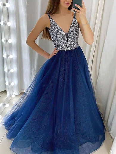 Ball Gown V-neck Floor-length Tulle Prom Dresses With Beading #Milly020106748
