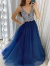 A-line V-neck Tulle Glitter Floor-length Beading Prom Dresses #Milly020106748