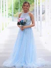 A-line Scoop Neck Tulle Sweep Train Beading Prom Dresses #Milly020106752