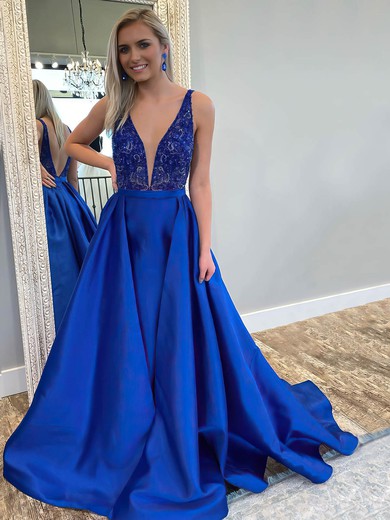 A-line V-neck Satin Sweep Train Beading Prom Dresses #Milly020106771