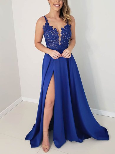A-line V-neck Satin Sweep Train Beading Prom Dresses #Milly020106774