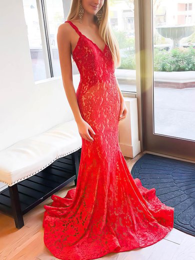 Trumpet/Mermaid V-neck Lace Sweep Train Beading Prom Dresses #Milly020106775