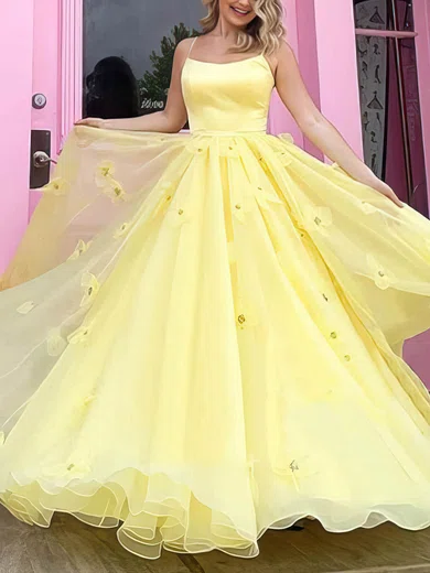 Ball Gown Scoop Neck Satin Tulle Floor-length 3D Floral Prom Dresses #Milly020106783